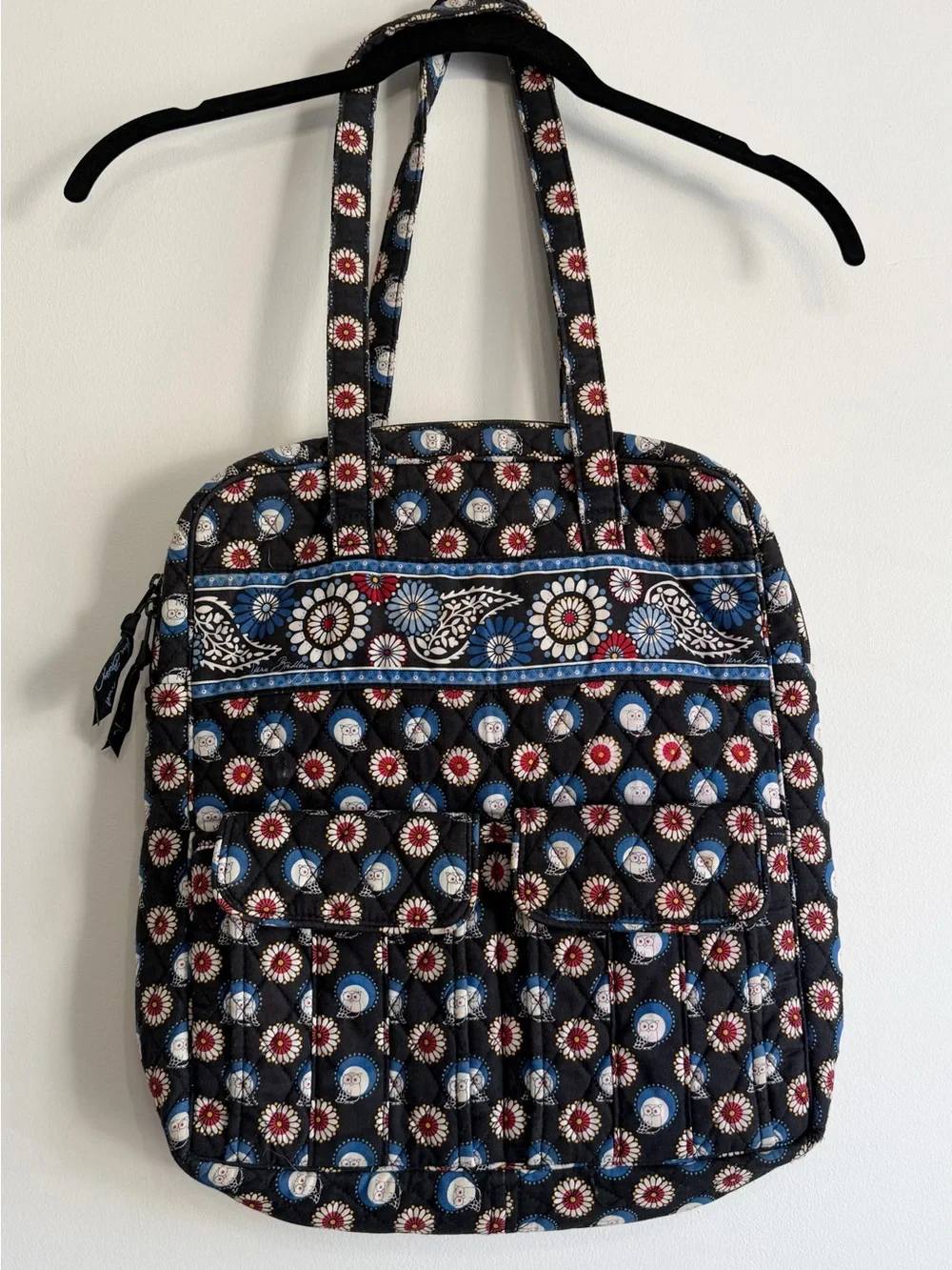 Vera Bradley Owl Floral Quilted Tote Bag Black Blue Shoulder Bag